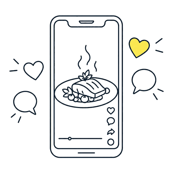 料理のショート動画が映るスマホと、ハートや吹き出し