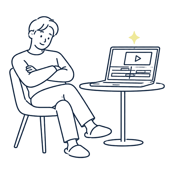 ノートパソコンが自動で動画を編集し、腕を組んで見守る男性