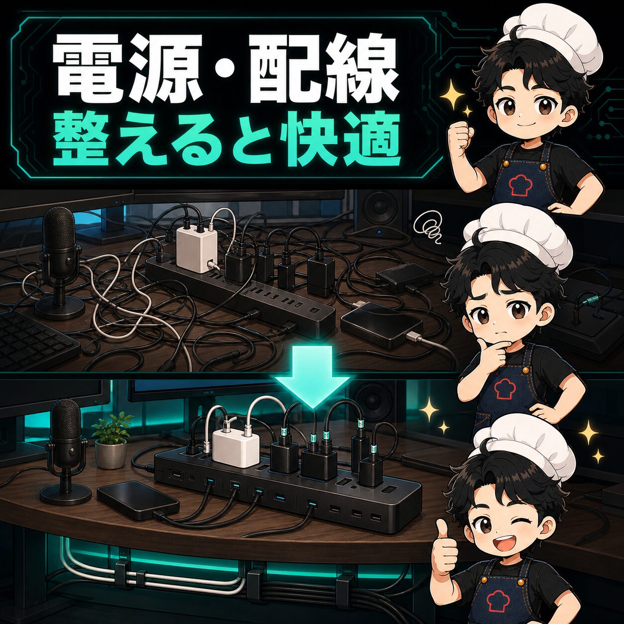 電源と配線を整理したデスクのインフォグラフィック