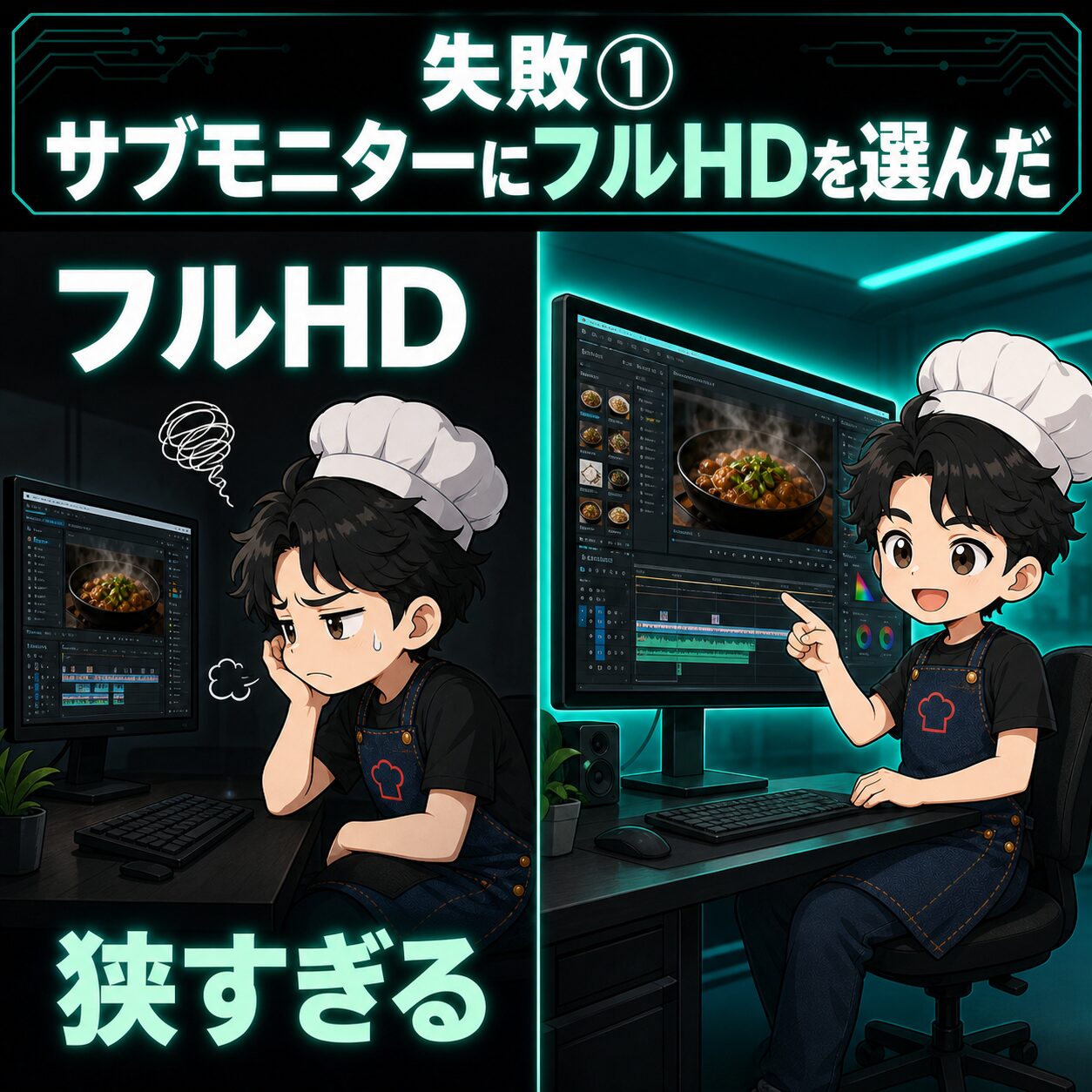フルHDのサブモニターが狭く、4Kが広いことを示すインフォグラフィック