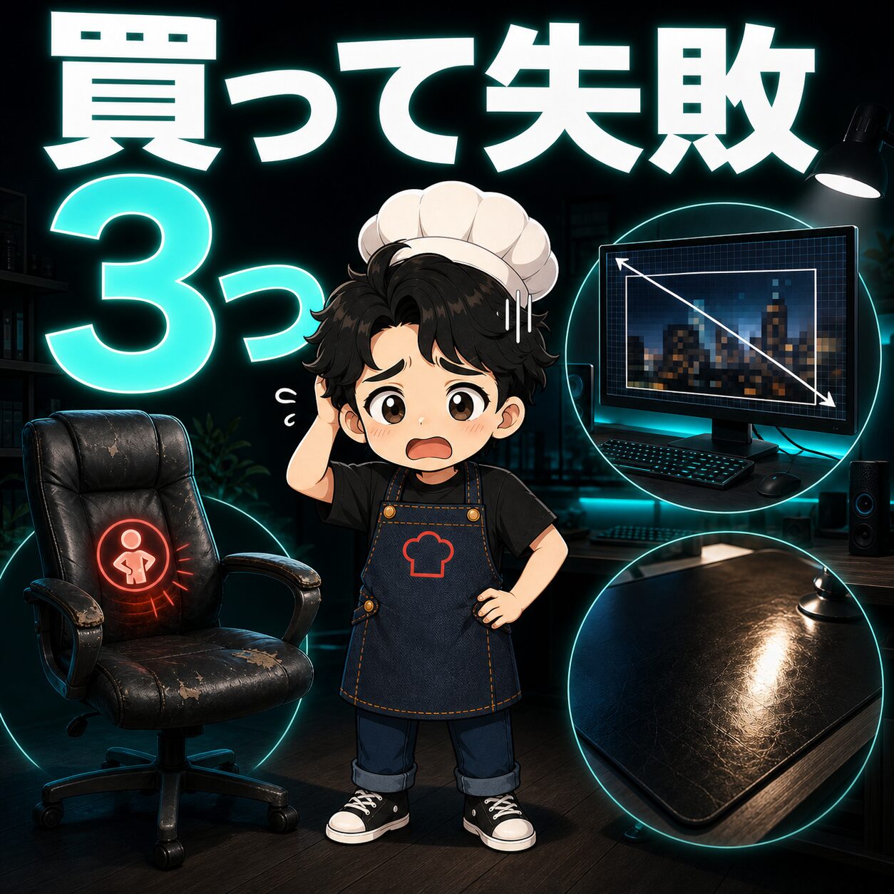 買って失敗した3つを示すデスク環境のインフォグラフィック
