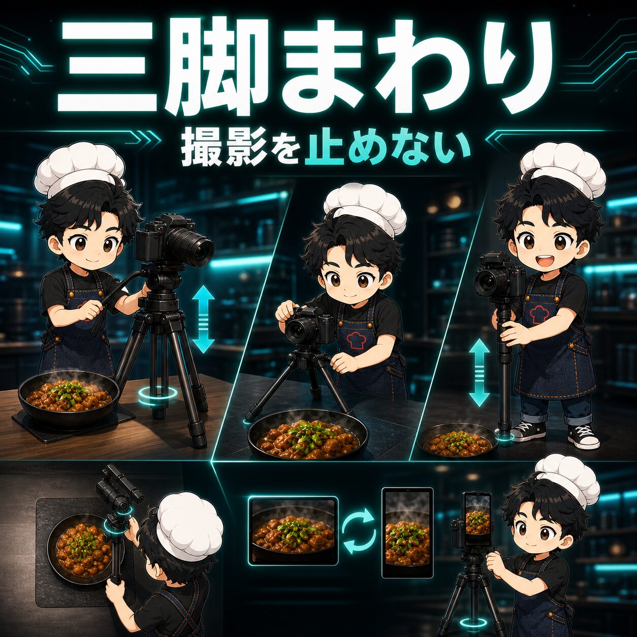 料理撮影の三脚と一脚の使い分けを示すインフォグラフィック