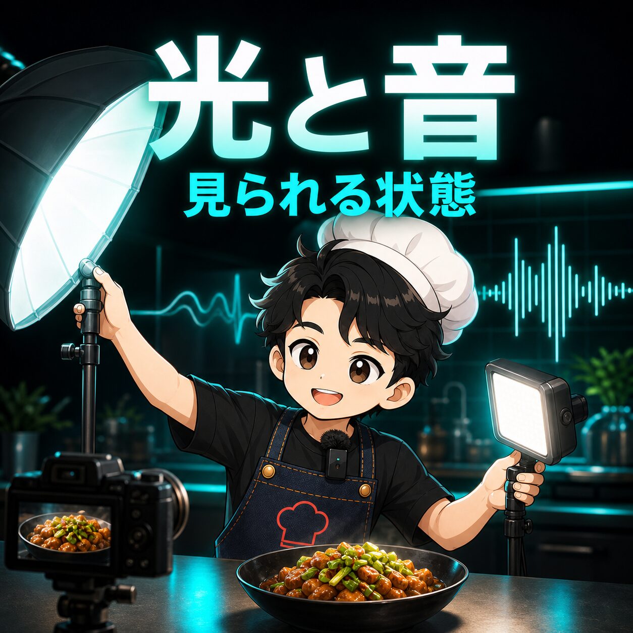 料理撮影の照明と音声機材を示すインフォグラフィック
