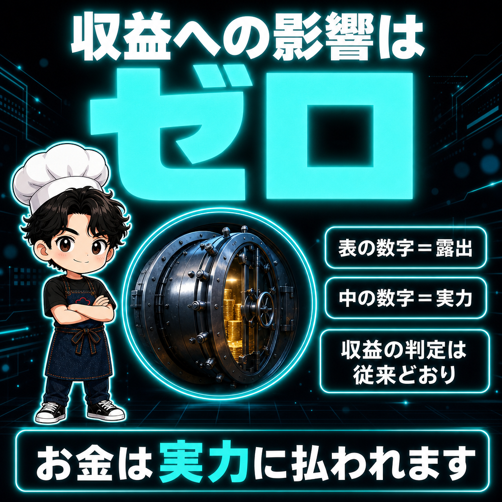 収益への影響はゼロ:表の数字=露出、中の数字=実力。収益の判定は従来どおり