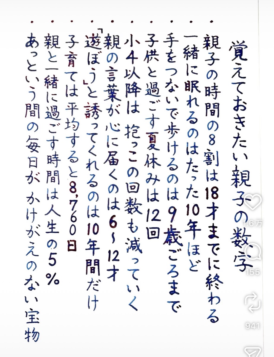 覚えておきたい親子の数字(手書きメモ)
