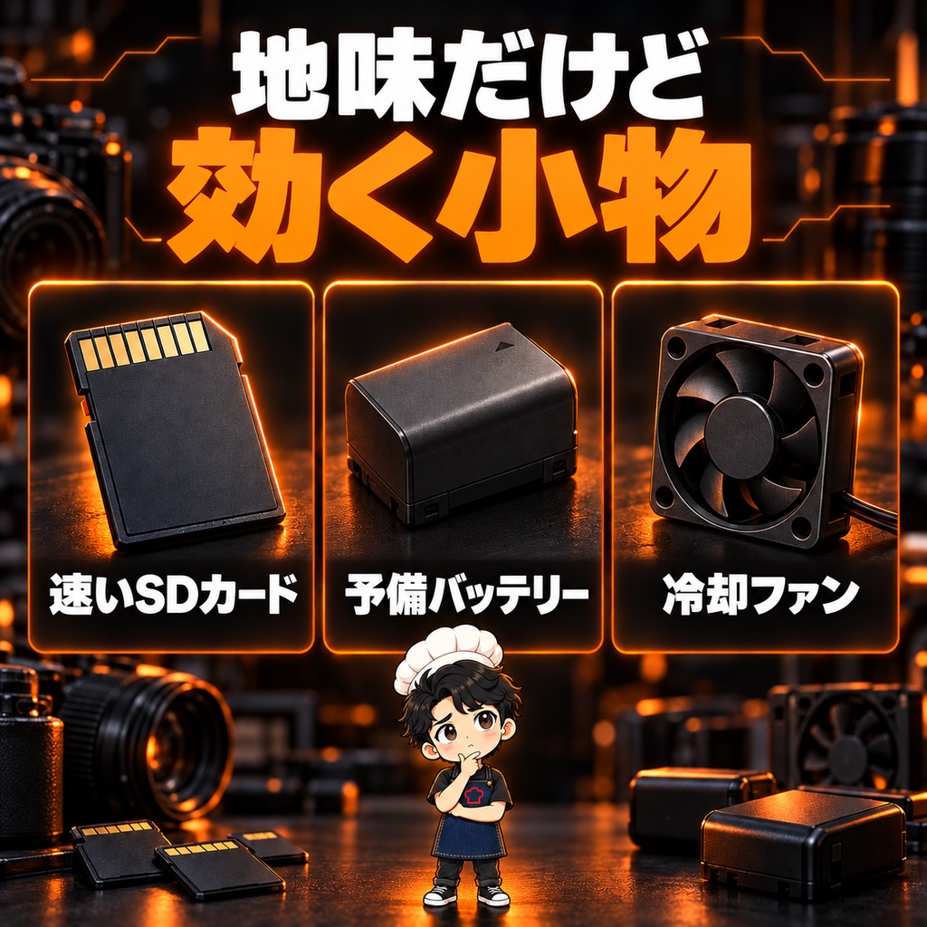 地味だけど効く小物:速いSDカード・予備バッテリー・冷却ファン