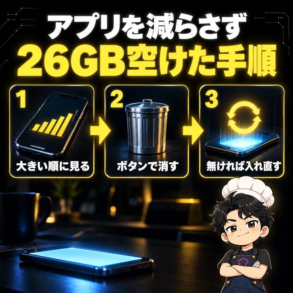 アプリを1つも減らさずに26GB空けた手順|アプリごとのやり方