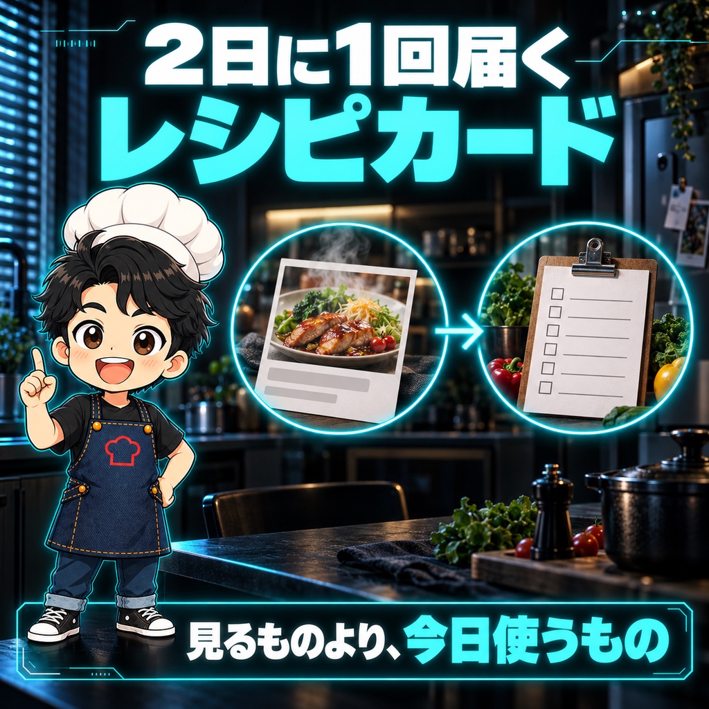 私の答えは「2日に1回、レシピカードと買い物リストを送る」