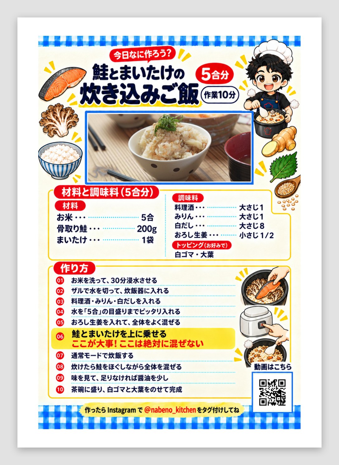 A4の紙に載せたレシピカード(印刷用に作った見本)