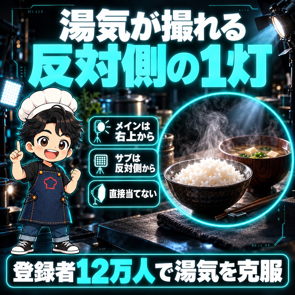 料理撮影の照明の当て方｜メインの反対側にサブを置いたら、湯気が撮れた
